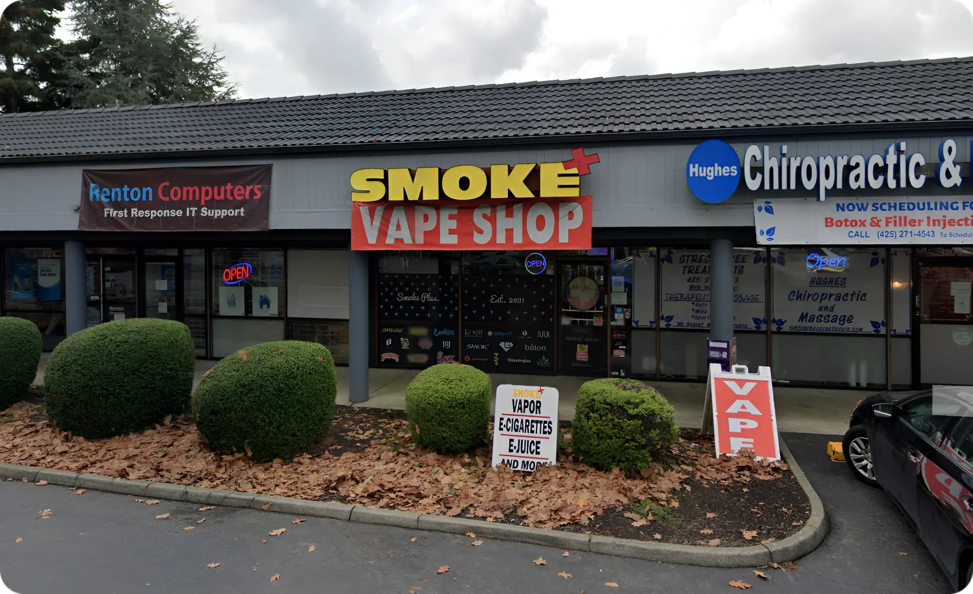 Smoke Plus storefront and signage on Bronson Way in Renton, WA